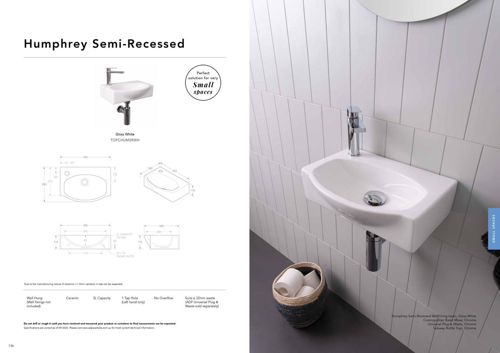 ADP Humphrey Semi-Recessed Ceramic Wall Hung Basin - Ideal Bathroom CentreTOPCHUMSRWH