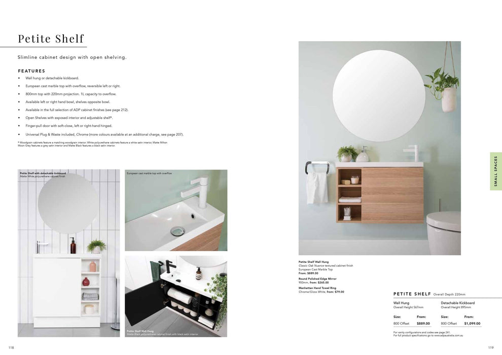 ADP Petite Shelf 800mm Small Space Vanity - Ideal Bathroom CentrePETS800WHLWall HungRight Hand Shelf / Left Hand Basin