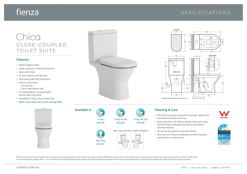 Fienza Chicha Close Coupled Toilet Suite - Ideal Bathroom CentreK0123P Trap
