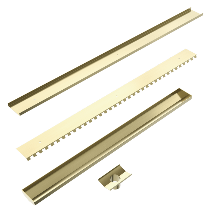 NERO TILE INSERT V CHANNEL FLOOR GRATE 50MM OUTLET WITHOUT OUTLET AND HOLE SAW BRUSHED GOLD