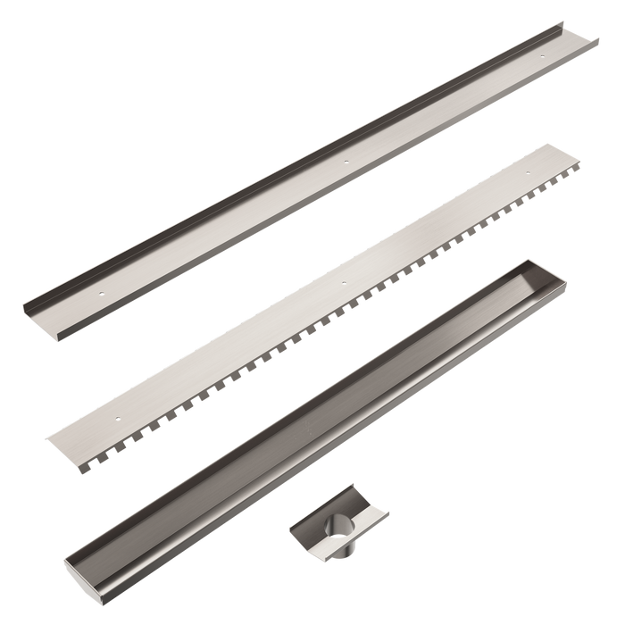 NERO TILE INSERT V CHANNEL FLOOR GRATE 50MM OUTLET WITHOUT OUTLET AND HOLE SAW BRUSHED NICKEL