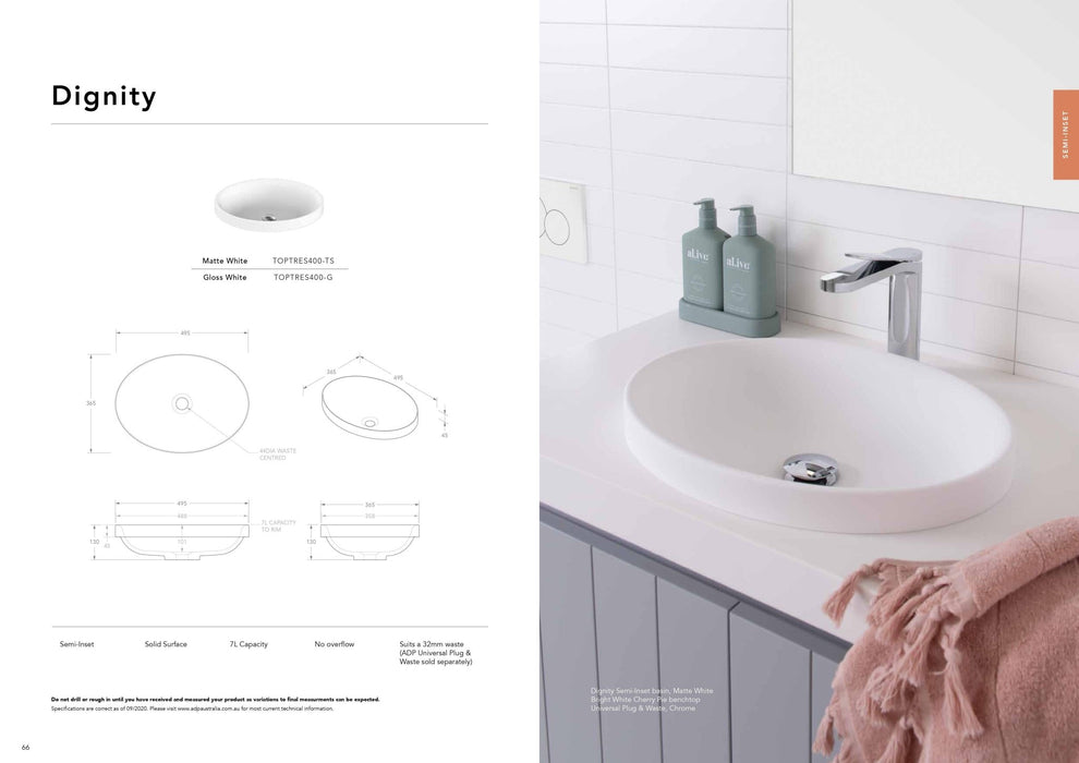 ADP Dignity Solid Surface Semi Inset Basin - Ideal Bathroom CentreTOPTDIG5037-GGloss White