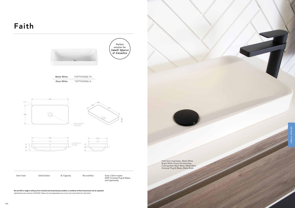 ADP Faith Solid Surface Semi Inset Basin - Ideal Bathroom CentreTOPTFAI5026-GGloss White