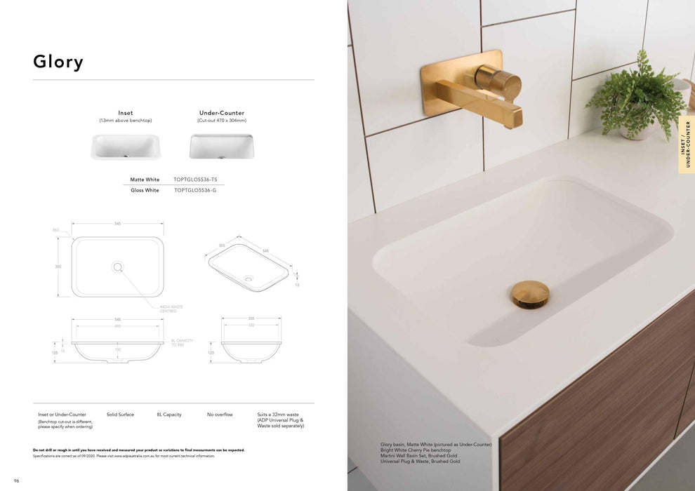 ADP Glory Solid Surface Inset/ Under Counter Basin - Ideal Bathroom CentreTOPTGLO5536-TSMatte White