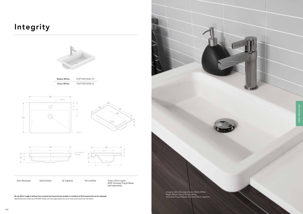ADP Integrity Solid Surface Semi-Recessed Basin - Ideal Bathroom CentreTOPTINT5540-GGloss White
