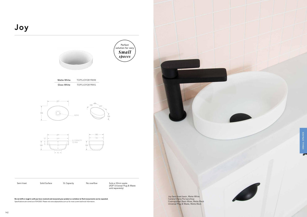 ADP Joy Solid Surface Semi Inset Basin - Ideal Bathroom CentreTOPSJOY2819WMMatte White