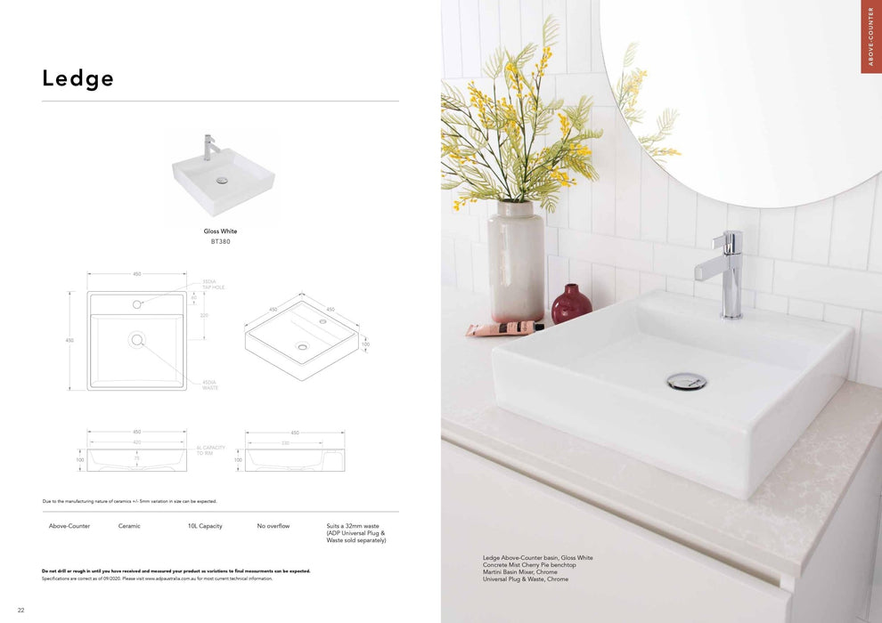 ADP Ledge Ceramic Above Counter Basin - Ideal Bathroom CentreBT380