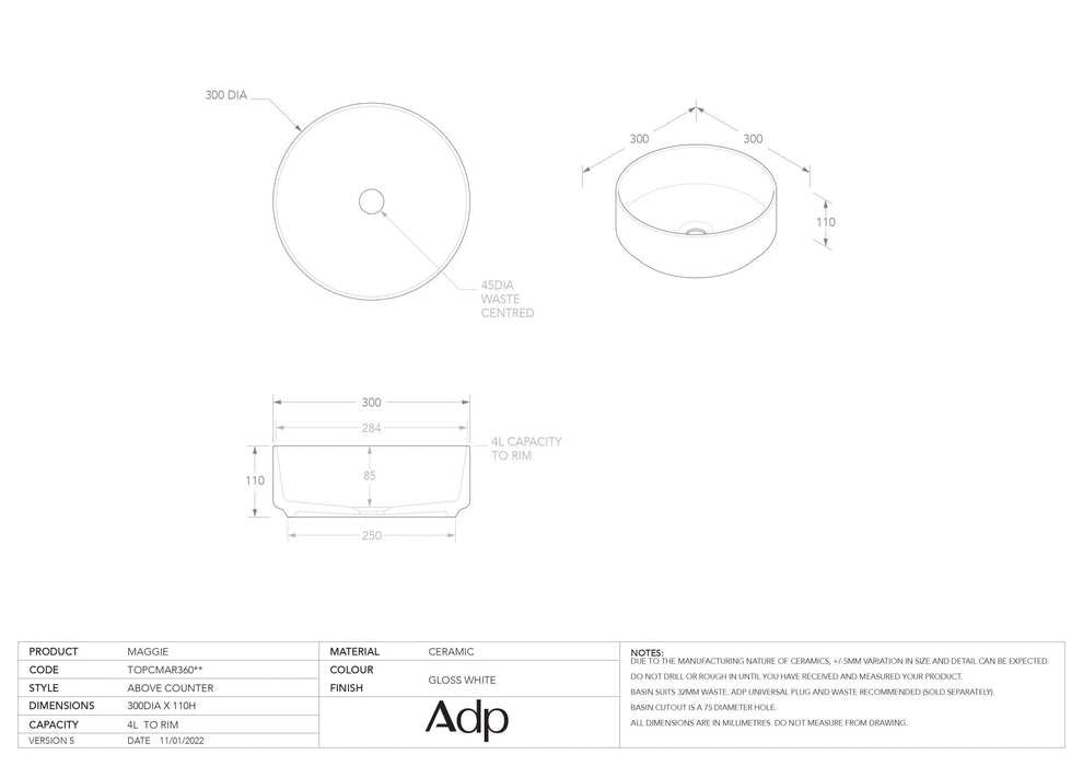 ADP Maggie 300mm Ceramic Above Counter Basin - Ideal Bathroom CentreTOPCMAG300GW