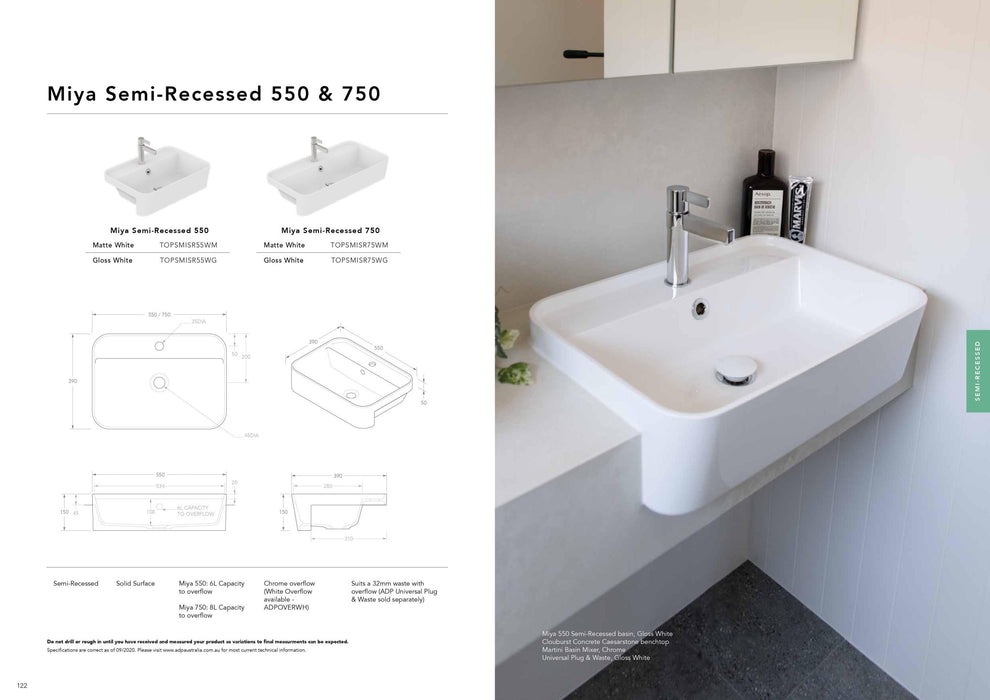 ADP Miya Solid Surface Semi-Recessed Basin - Ideal Bathroom CentreTOPSMISR75WMMatte White750mm