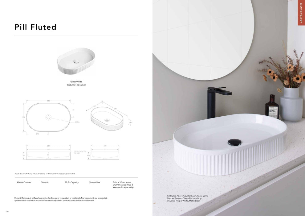 ADP Pill Fluted Ceramic Above Counter Basin - Ideal Bathroom CentreTOPCPFL5836GW