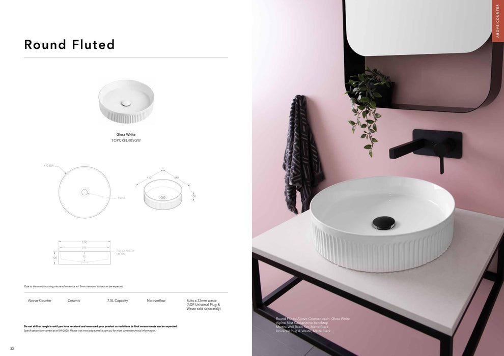 ADP Round Fluted Ceramic Above Counter Basin - Ideal Bathroom CentreTOPCRFL405GW