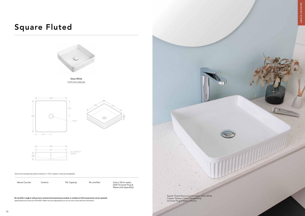 ADP Square Fluted Ceramic Above Counter Basin - Ideal Bathroom CentreTOPCSFL405GW
