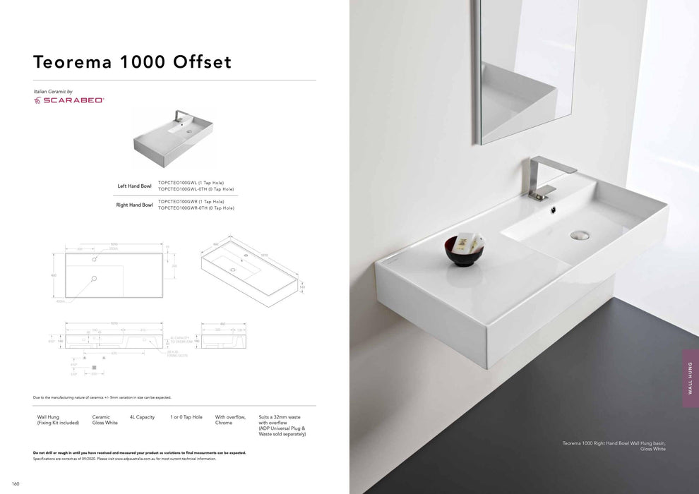 ADP Teorema 1000mm Ceramic Wall Hung Basin - Ideal Bathroom CentreTOPCTEO100GWLLeft Bowl1 Tap Hole