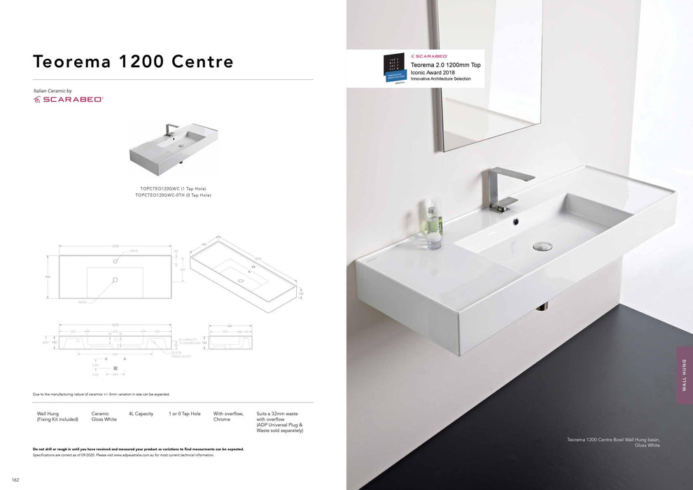 ADP Teorema 1200mm Ceramic Wall Hung Basin - Ideal Bathroom CentreTOPCTEO120GWCCentre Bowl1 Tap Hole