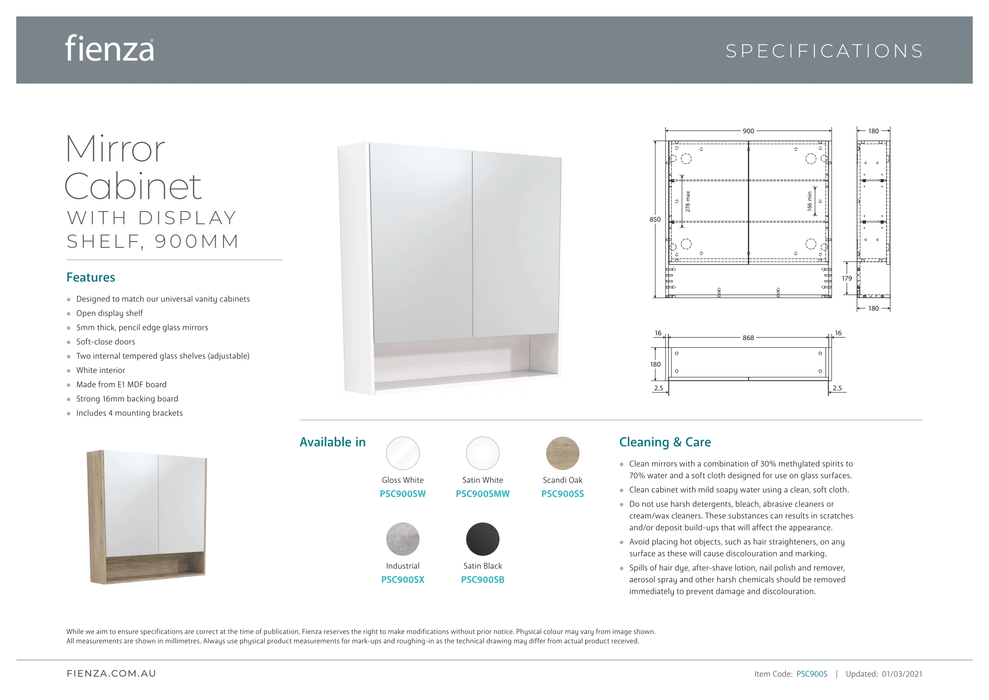 Fienza 900 Mirror Cabinet with Display Shelf - Ideal Bathroom CentrePSC900SBSatin Black