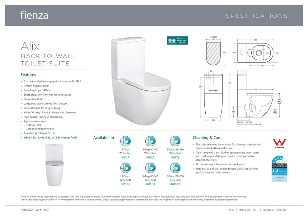 Fienza Alex Back To Wall Toilet Suite - Ideal Bathroom CentreK011-2White Slim Seat