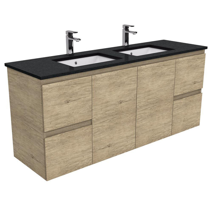 Fienza Edge Scandi Oak 1500mm Vanity With Undermounted Stone Top - Ideal Bathroom CentreSB150SDWall HungBlack SparkleDouble Bowl