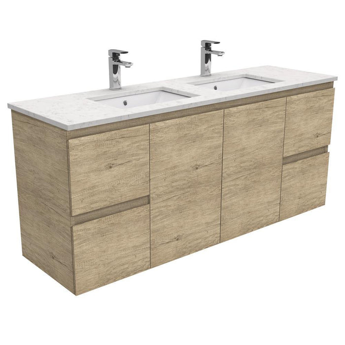 Fienza Edge Scandi Oak 1500mm Vanity With Undermounted Stone Top - Ideal Bathroom CentreSI150SDWall HungBianco MarbleDouble Bowl