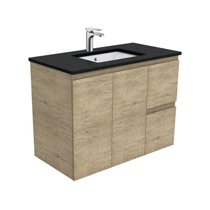 Fienza Edge Scandi Oak 900mm Vanity With Undermounted Stone Top - Ideal Bathroom CentreSB90SRWall HungRight Hand DrawersBlack Sparkle