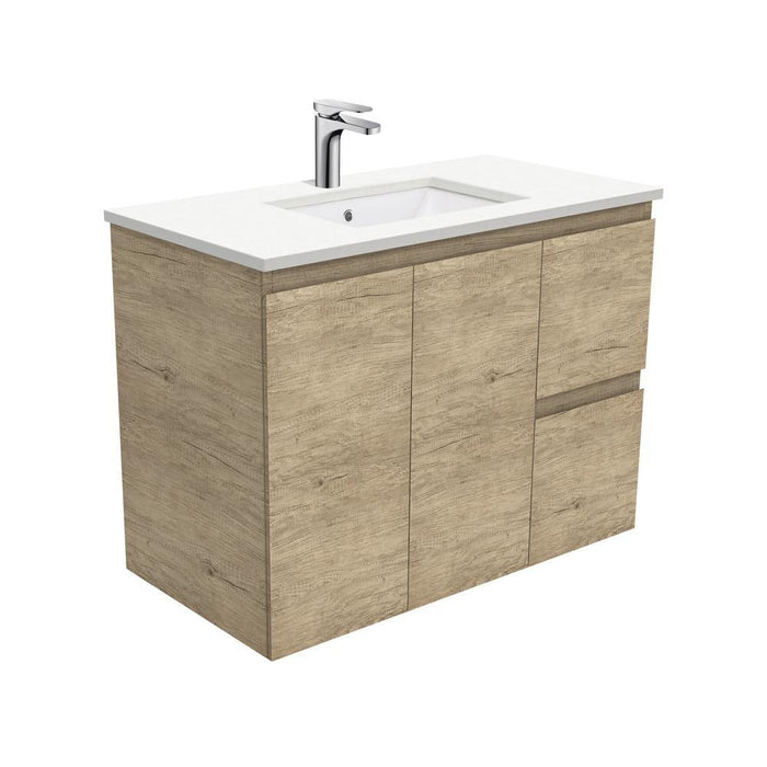 Fienza Edge Scandi Oak 900mm Vanity With Undermounted Stone Top - Ideal Bathroom CentreSC90SRWall HungRight Hand DrawersCrystal Pure