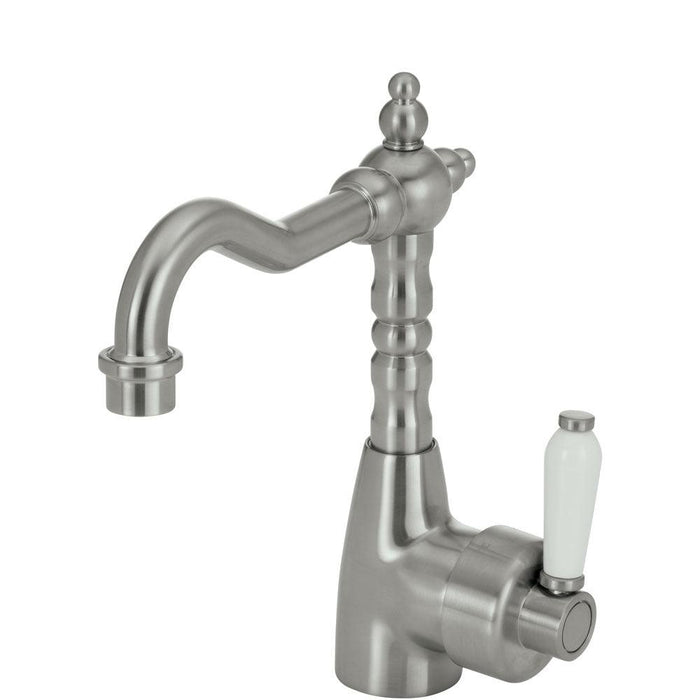 Fienza ELEANOR Shepherds Crook Basin Mixer with Porcelain Handle - Ideal Bathroom Centre202103BNBrushed Nickel