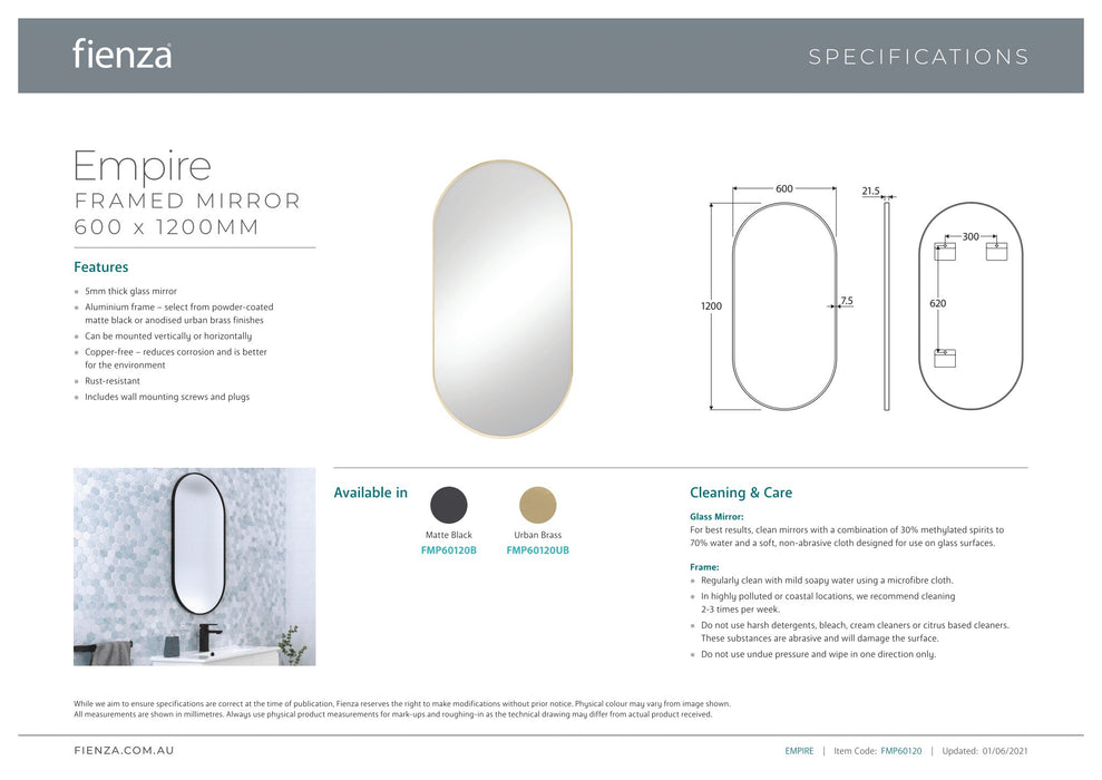 Fienza Empire Pill Metal Framed Mirror - Ideal Bathroom CentreFMP60120UBUrbane Brass600x1200mm