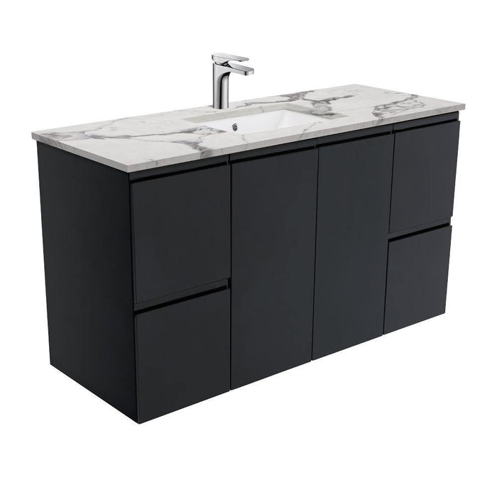 Fienza Finger Pull Matte Black 1200mm Vanity With Undermounted Stone Top - Ideal Bathroom CentreSM120ZBWall HungCalacatta Marble