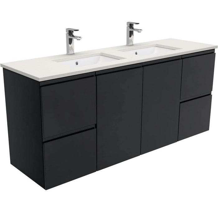 Fienza Finger Pull Matte Black 1500mm Vanity With Undermounted Stone Top - Ideal Bathroom CentreSA150ZBDWall HungRoman SandDouble Bowl