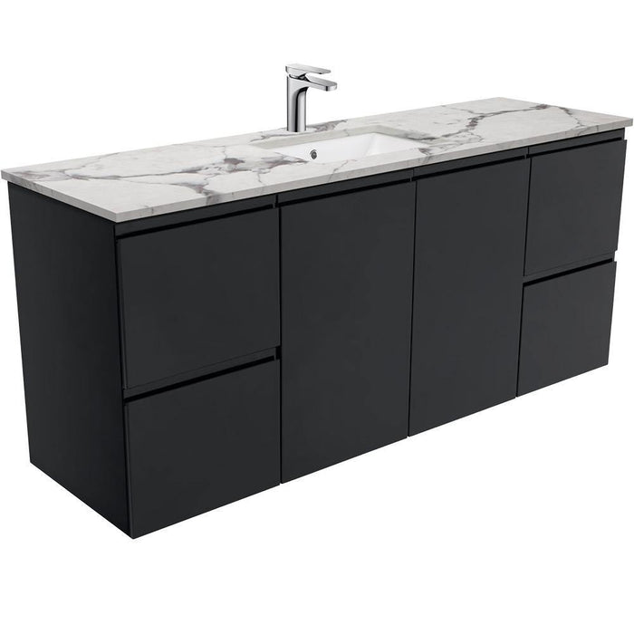 Fienza Finger Pull Matte Black 1500mm Vanity With Undermounted Stone Top - Ideal Bathroom CentreSM150ZBSWall HungCalacatta MarbleSingle Centre Bowl