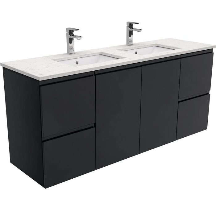Fienza Finger Pull Matte Black 1500mm Vanity With Undermounted Stone Top - Ideal Bathroom CentreSI150ZBDWall HungBianco MarbleDouble Bowl