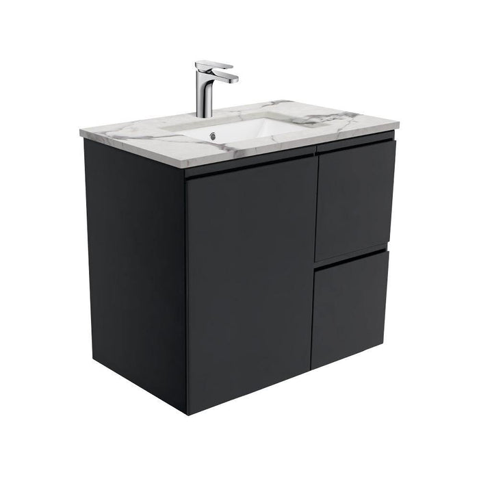 Fienza Finger Pull Matte Black 750mm Vanity With Undermounted Stone Top - Ideal Bathroom CentreSM75ZBRWall HungRight Hand DrawersCalacatta Marble