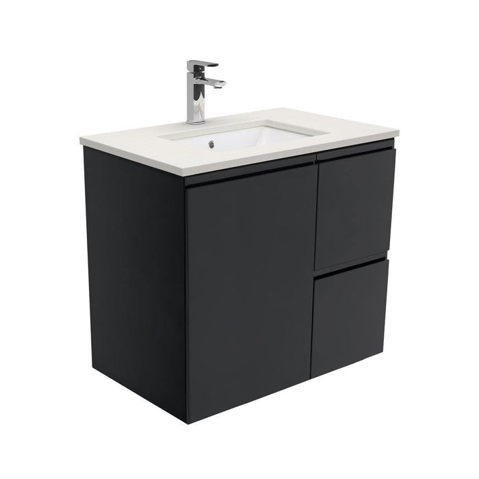 Fienza Finger Pull Matte Black 750mm Vanity With Undermounted Stone Top - Ideal Bathroom CentreSRA5ZBRWall HungRight Hand DrawersRoman Sand