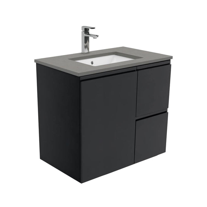 Fienza Finger Pull Matte Black 750mm Vanity With Undermounted Stone Top - Ideal Bathroom CentreSD75ZBRWall HungRight Hand DrawersDove Grey