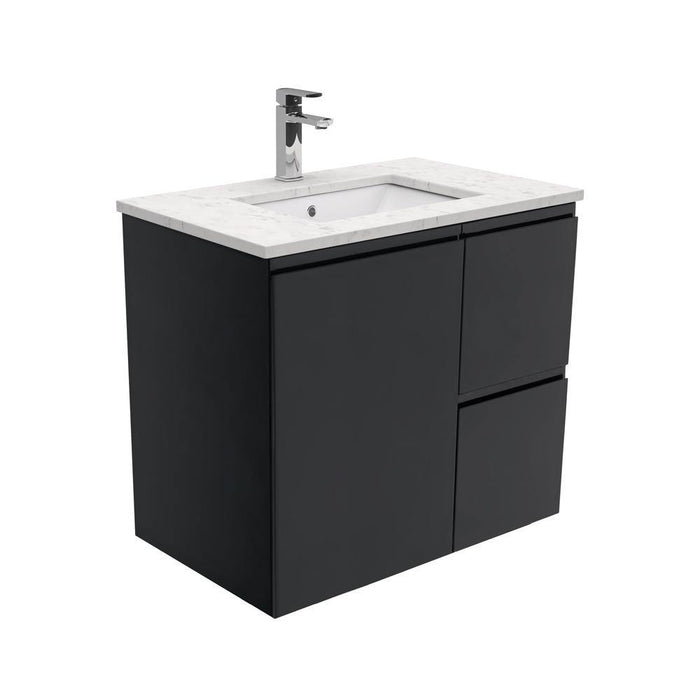 Fienza Finger Pull Matte Black 750mm Vanity With Undermounted Stone Top - Ideal Bathroom CentreSC75ZBRWall HungRight Hand DrawersCrystal Pure
