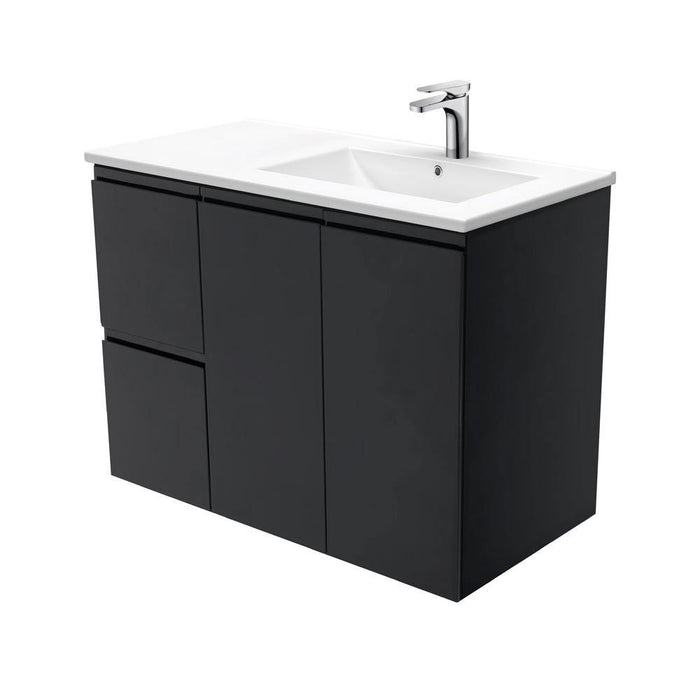 Fienza Finger Pull Matte Black 900mm Vanity With Ceramic Top - Ideal Bathroom CentreTCL90RZBWall HungLeft Hand SideRight Hand Basin