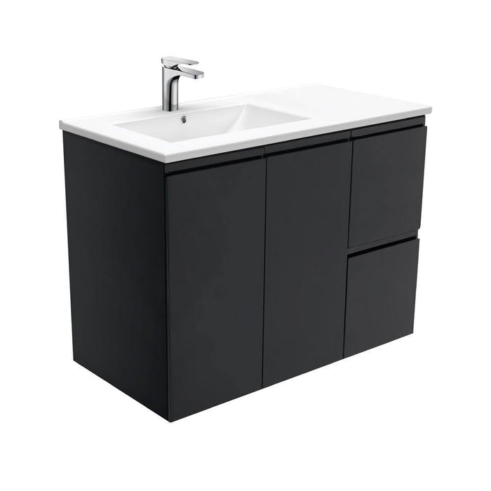 Fienza Finger Pull Matte Black 900mm Vanity With Ceramic Top - Ideal Bathroom CentreTCL90LZBWall HungRight Hand SideLeft Hand Basin
