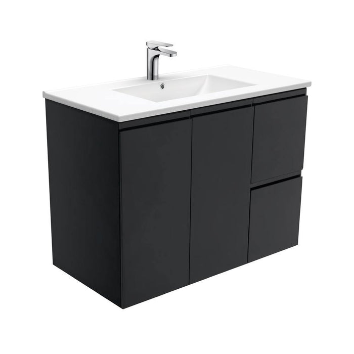 Fienza Finger Pull Matte Black 900mm Vanity With Ceramic Top - Ideal Bathroom CentreTCL90ZBRWall HungRight Hand SideCentre Basin