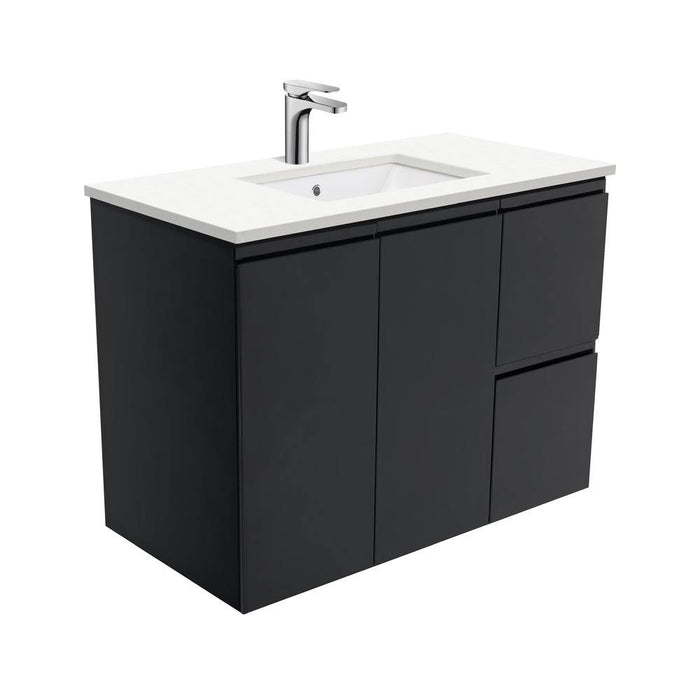Fienza Finger Pull Matte Black 900mm Vanity With Undermounted Stone Top - Ideal Bathroom CentreSC90ZBRWall HungRight Hand DrawersCrystal Pure