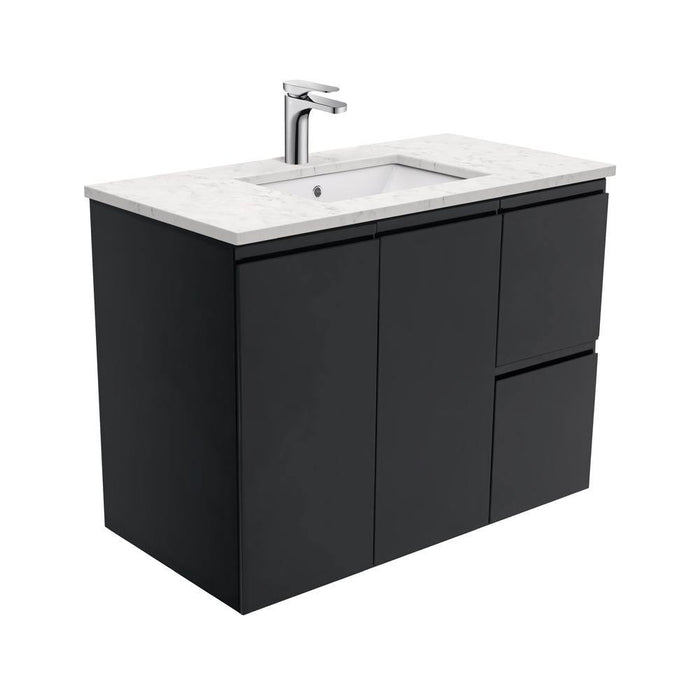 Fienza Finger Pull Matte Black 900mm Vanity With Undermounted Stone Top - Ideal Bathroom CentreSI90ZBRWall HungRight Hand DrawersBianco Marble