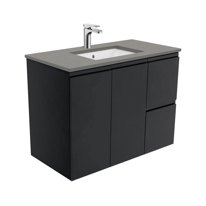 Fienza Finger Pull Matte Black 900mm Vanity With Undermounted Stone Top - Ideal Bathroom CentreSD90ZBRWall HungRight Hand DrawersDove Grey
