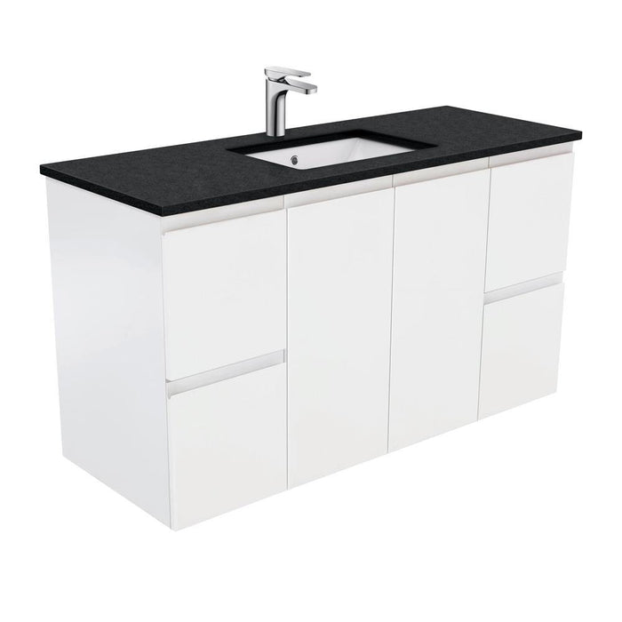 Fienza Finger Pull Matte White 1200mm Vanity With Undermounted Stone Top - Ideal Bathroom CentreSB120ZWall HungBlack Sparkle