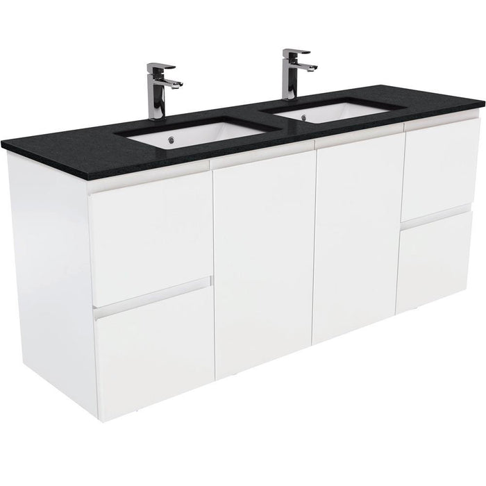 Fienza Finger Pull Matte White 1500mm Vanity With Undermounted Stone Top - Ideal Bathroom CentreSB150ZDWall HungBlack SparkleDouble Bowl