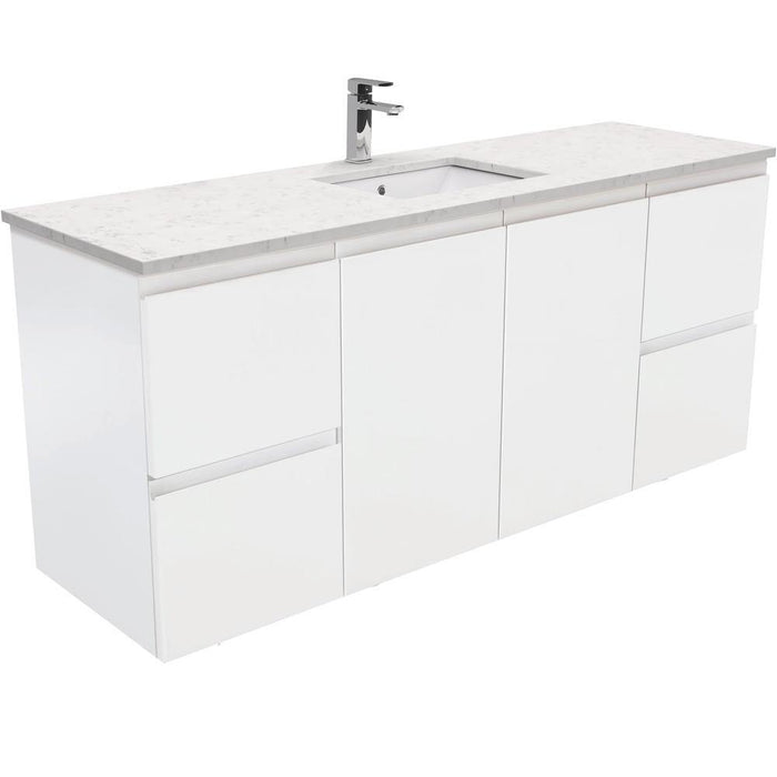 Fienza Finger Pull Matte White 1500mm Vanity With Undermounted Stone Top - Ideal Bathroom CentreSI150ZSWall HungBianco MarbleSingle Centre Bowl