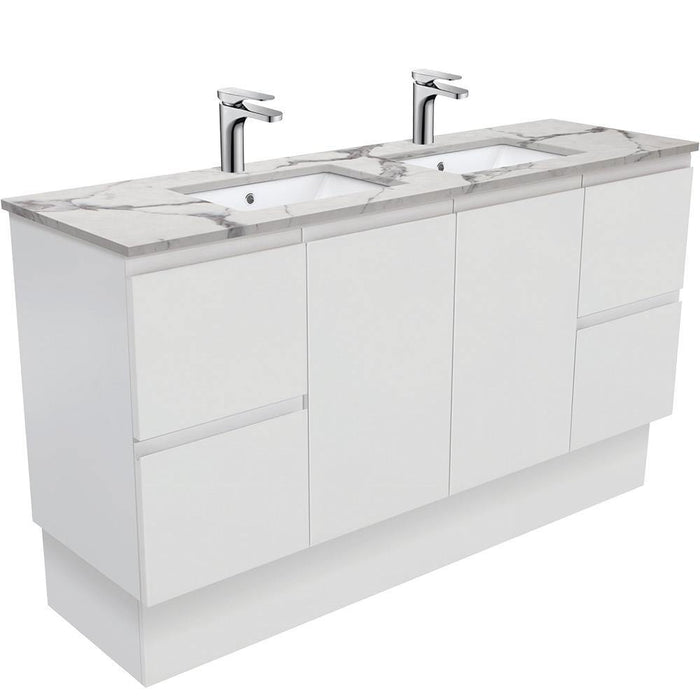 Fienza Finger Pull Matte White 1500mm Vanity With Undermounted Stone Top - Ideal Bathroom CentreSM150ZKDFreestandingCalacatta MarbleDouble Bowl