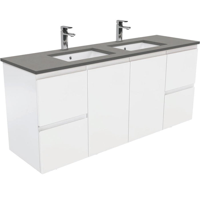 Fienza Finger Pull Matte White 1500mm Vanity With Undermounted Stone Top - Ideal Bathroom CentreSD150ZDWall HungDove GreyDouble Bowl