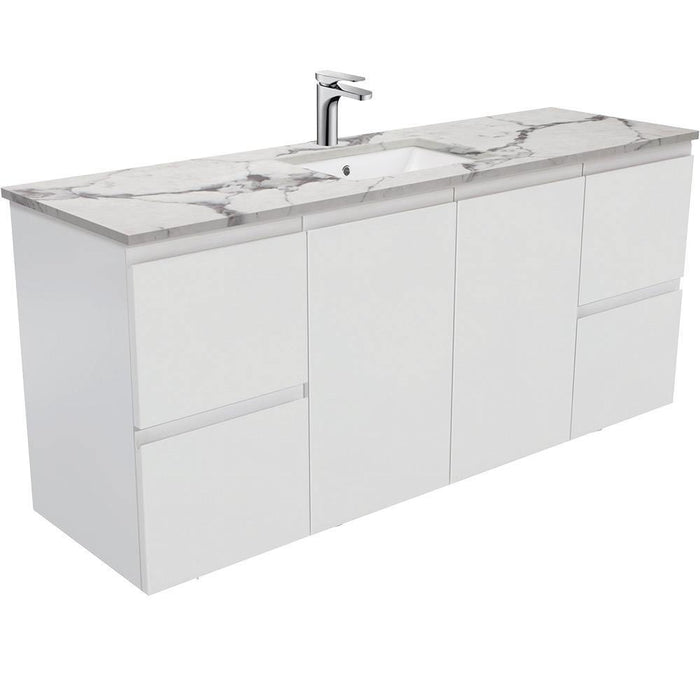 Fienza Finger Pull Matte White 1500mm Vanity With Undermounted Stone Top - Ideal Bathroom CentreSM150ZSWall HungCalacatta MarbleSingle Centre Bowl