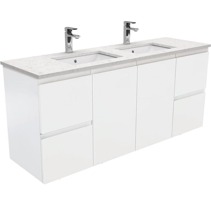 Fienza Finger Pull Matte White 1500mm Vanity With Undermounted Stone Top - Ideal Bathroom CentreSI150ZDWall HungBianco MarbleDouble Bowl