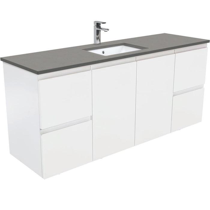 Fienza Finger Pull Matte White 1500mm Vanity With Undermounted Stone Top - Ideal Bathroom CentreSD150ZSWall HungDove GreySingle Centre Bowl