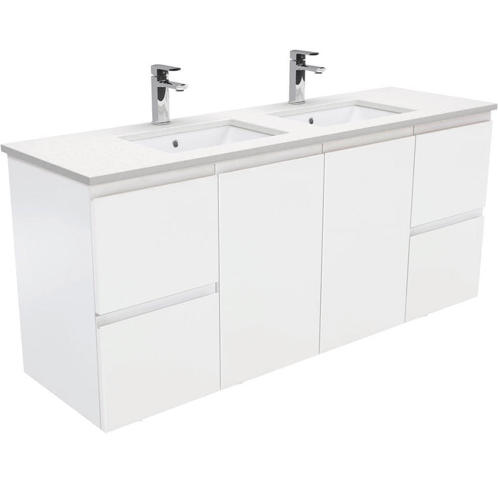 Fienza Finger Pull Matte White 1500mm Vanity With Undermounted Stone Top - Ideal Bathroom CentreSC150ZDWall HungCrystal PureDouble Bowl