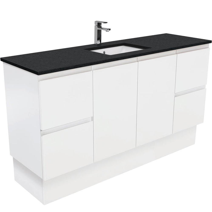 Fienza Finger Pull Matte White 1500mm Vanity With Undermounted Stone Top - Ideal Bathroom CentreSB150ZKSFreestandingBlack SparkleSingle Centre Bowl